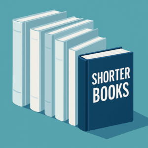 Digital illustration of short and tall books side by side, symbolizing the trend toward shorter book lengths in modern publishing