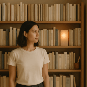 Young woman standing in front of a bookshelf with one glowing book, symbolizing the power of sharing your unique perspective through writing