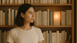 Young woman standing in front of a bookshelf with one glowing book, symbolizing the power of sharing your unique perspective through writing